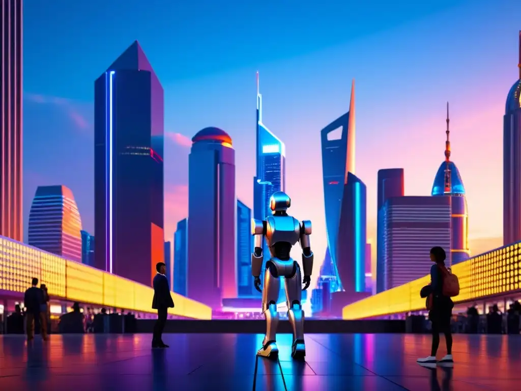 Un horizonte futurista de la ciudad al atardecer, con rascacielos reflectantes iluminados por luces de neón