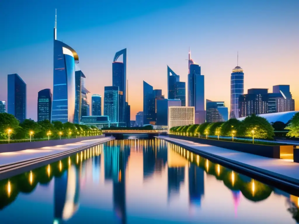 Horizonte futurista de la ciudad de noche con rascacielos iluminados reflejados en el río