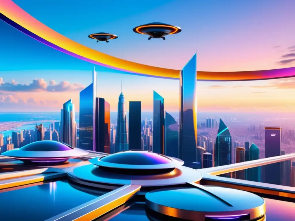 Horizonte futurista de una ciudad con rascacielos de vidrio y acero, reflejando una puesta de sol tecnológicamente avanzada