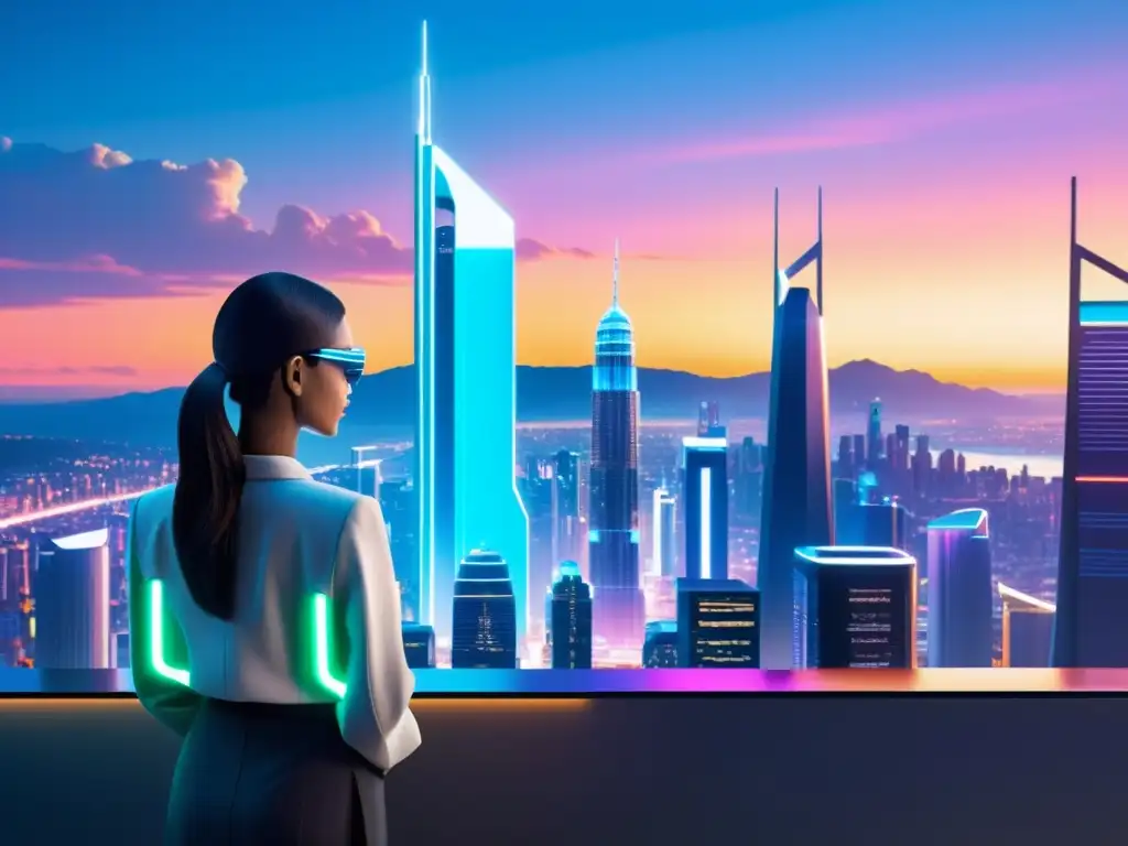 Horizonte urbano futurista con edificios imponentes y holografías, reflejando la jurisprudencia reciente en propiedad intelectual y la IA