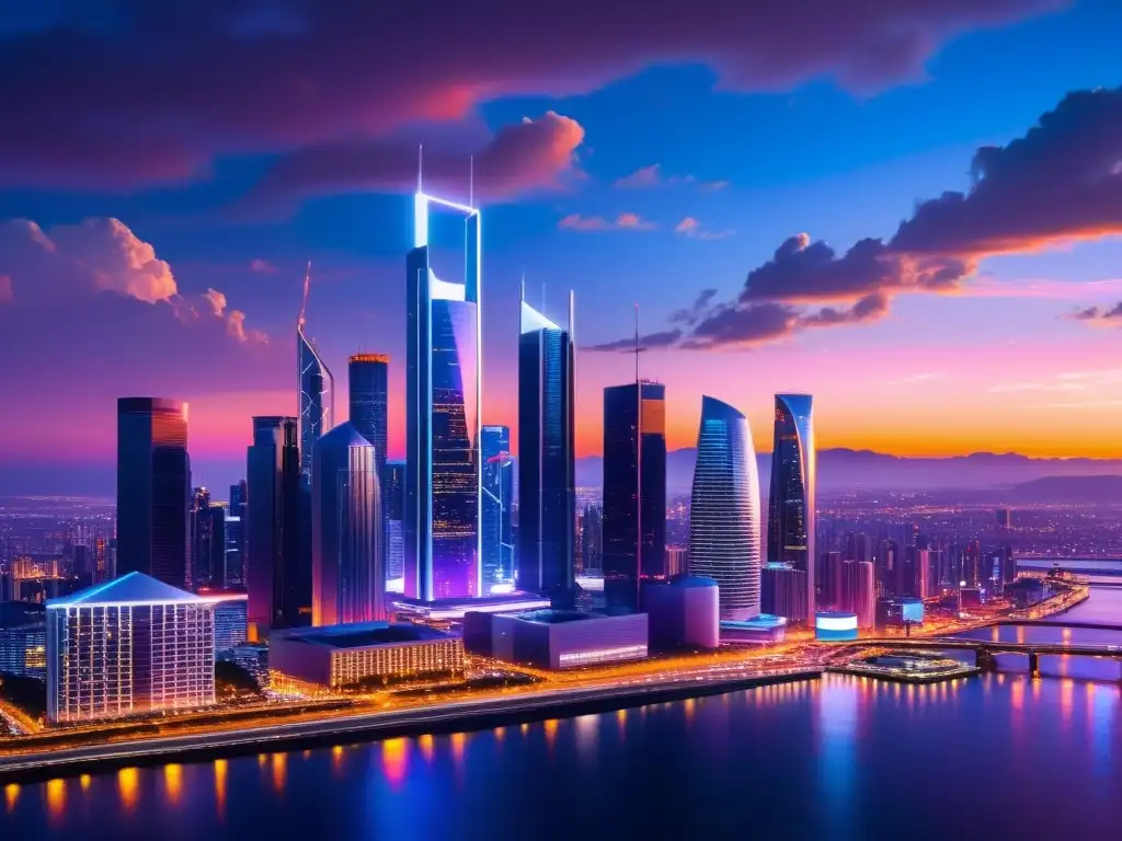 Un horizonte urbano futurista al anochecer, con rascacielos iluminados por luces de neón y una red de datos brillantes