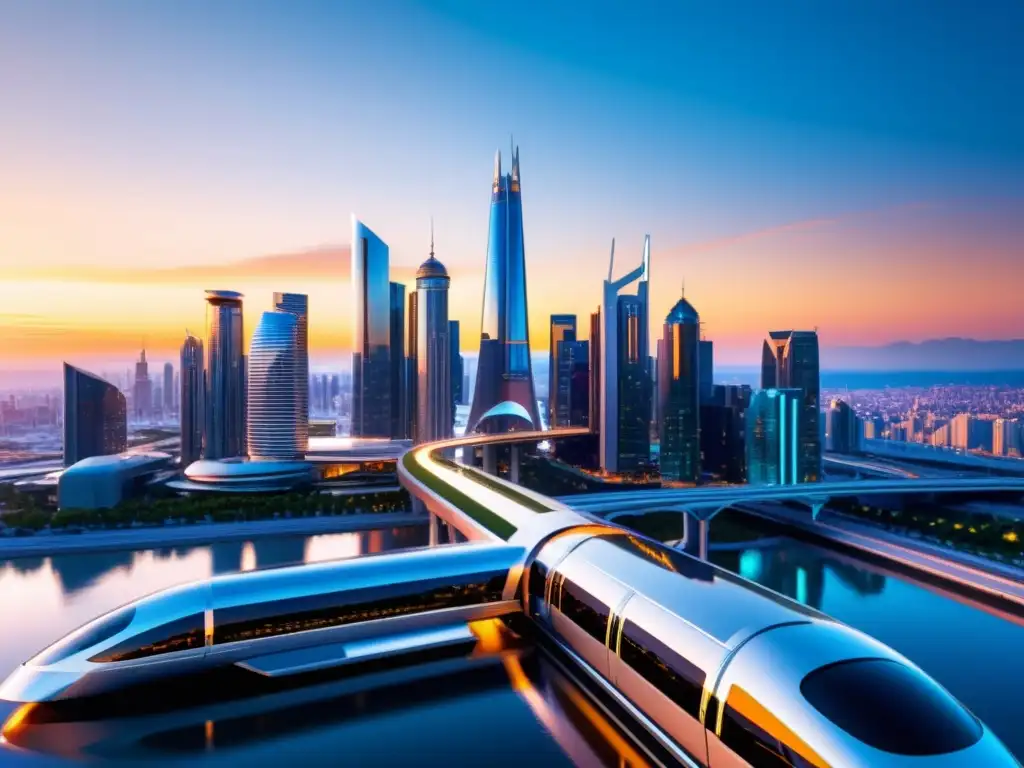 Un horizonte urbano futurista con rascacielos de cristal reflejando la cálida luz del sol poniente