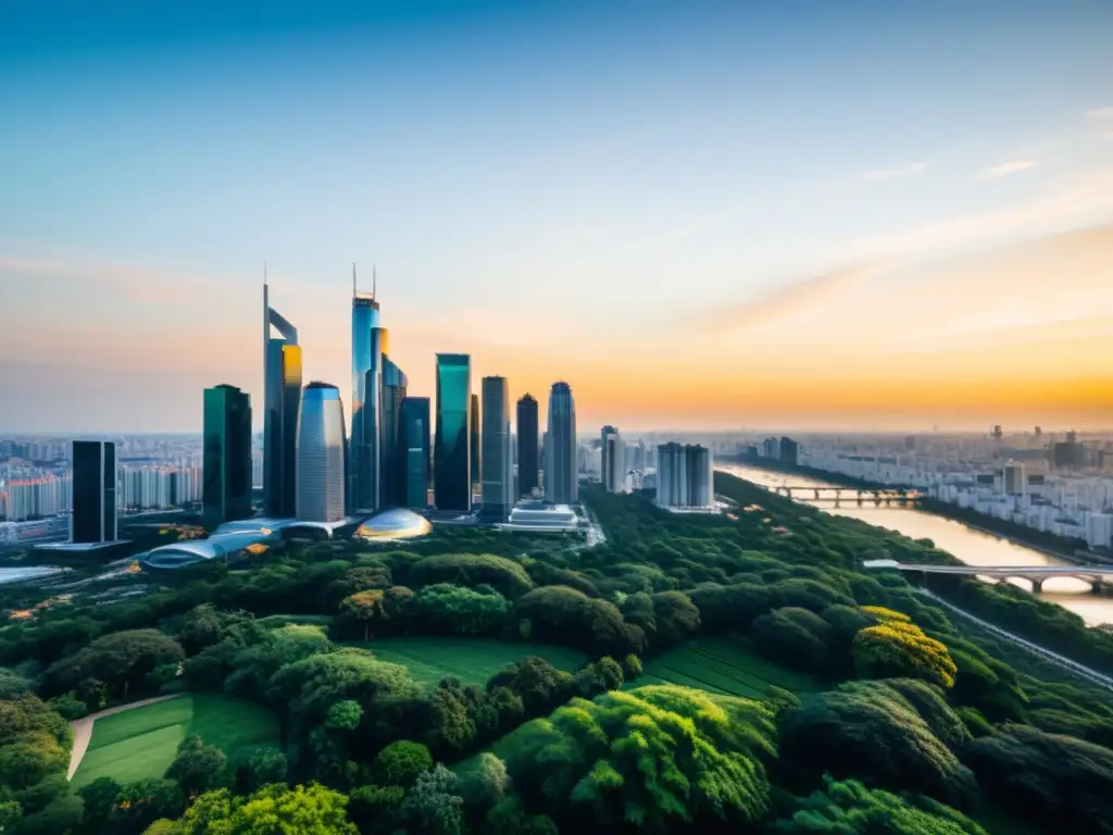 Un horizonte urbano moderno al atardecer, con rascacielos elegantes reflejando la luz dorada y una sensación dinámica y futurista en la arquitectura