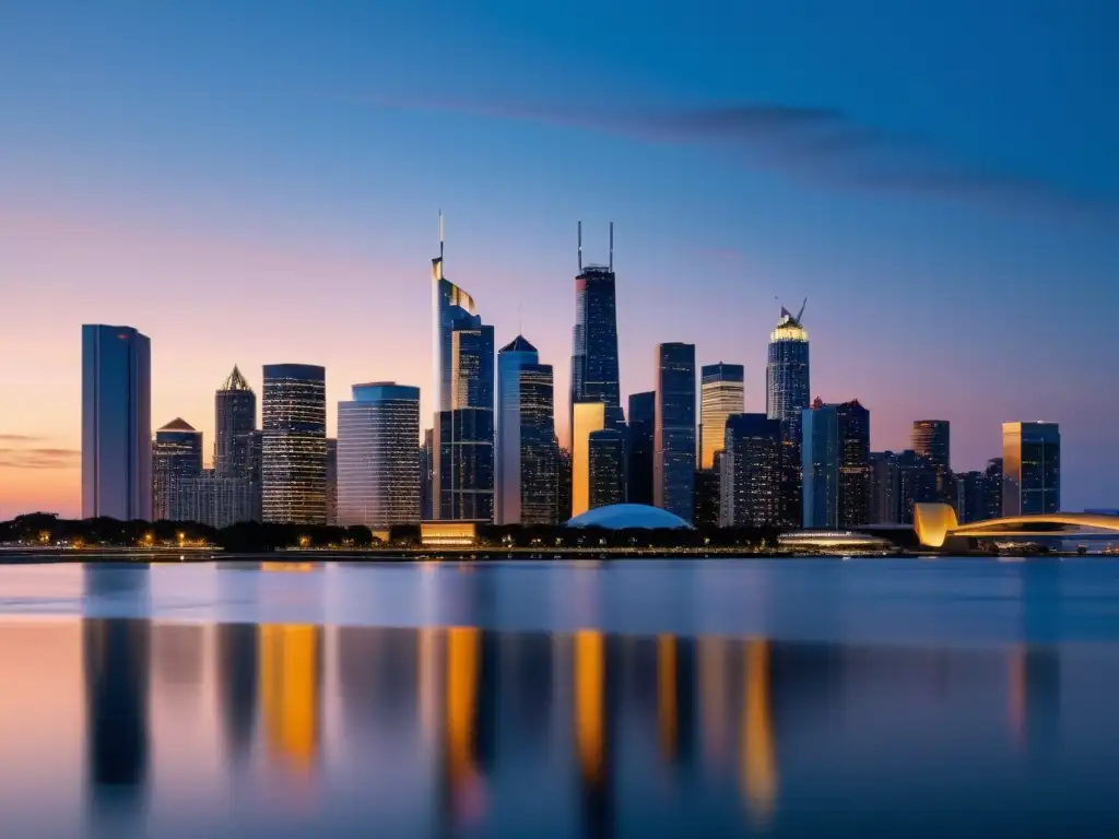 Horizonte urbano moderno al anochecer, con edificios de alto standing iluminados