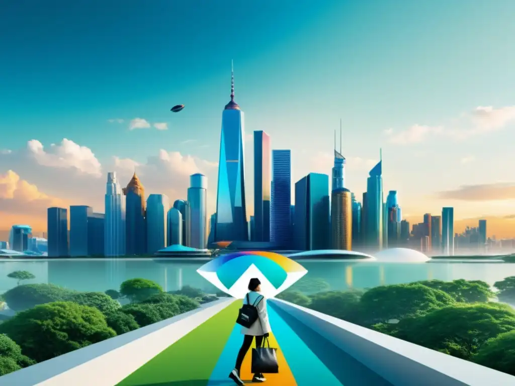 Horizonte urbano moderno con marcas icónicas y símbolos de propiedad intelectual, reflejando la evolución de marcas, geolocalización y propiedad intelectual en la era digital