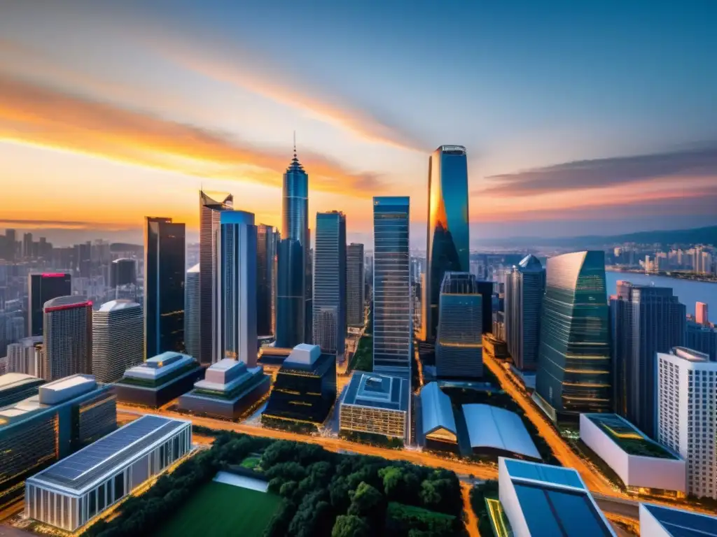 Atardecer en Ciudad Moderna: Impacto del CPTPP en Propiedad Intelectual Horizonte urbano moderno con rascacielos de cristal reflejando el atardecer, simbolizando el impacto del acuerdo CPTPP en propiedades intelectuales