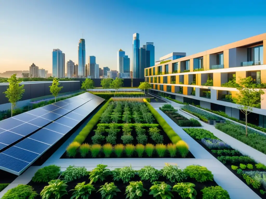 Un horizonte urbano moderno y sostenible con edificios innovadores y vegetación exuberante