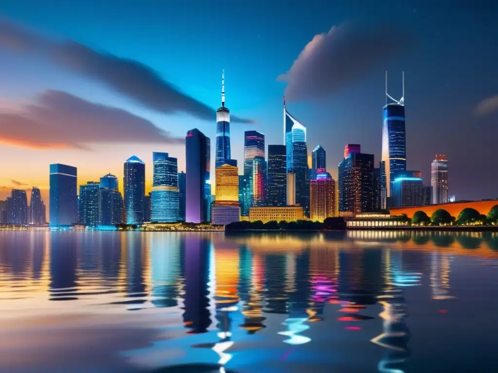 Un horizonte urbano vibrante y moderno, con rascacielos iluminados por luces brillantes y coloridas