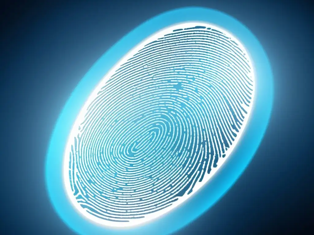 Una huella digital de alta tecnología se escanea con luz azul, evocando resguardo de marca en digital