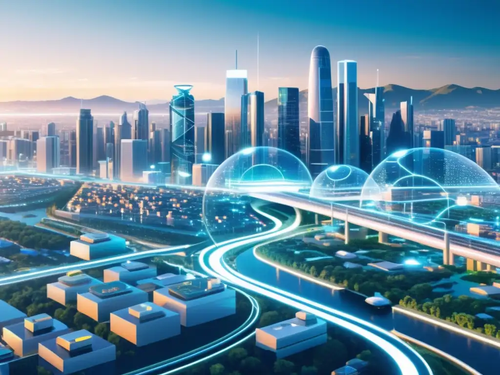 Una ilustración detallada de una ciudad futurista con sistemas de IA interconectados y flujos de datos transparentes, mostrando la importancia de los derechos de propiedad intelectual en IA