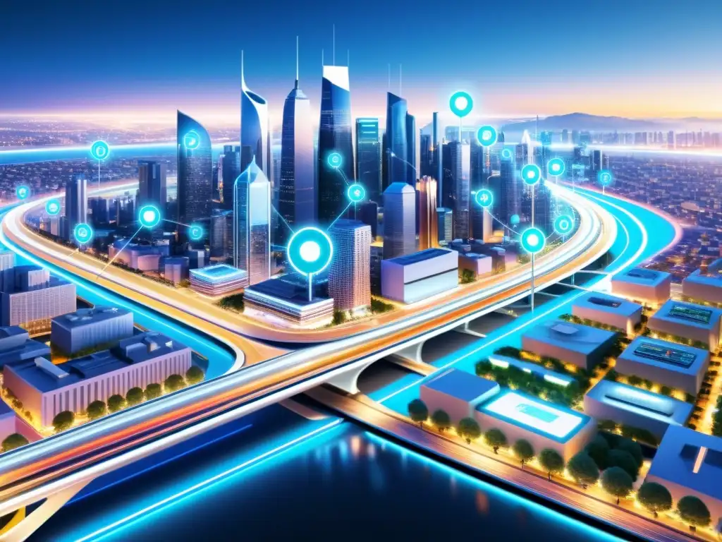 Una ilustración detallada de una ciudad inteligente futurista llena de dispositivos IoT interconectados, mostrando una red de datos fluyendo entre varios objetos como autos, farolas y edificios
