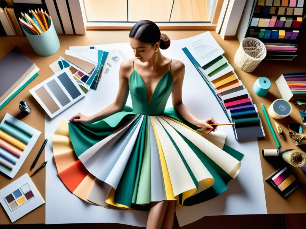 Una ilustración detallada de un diseñador de moda creando un impresionante vestido haute couture en su estudio
