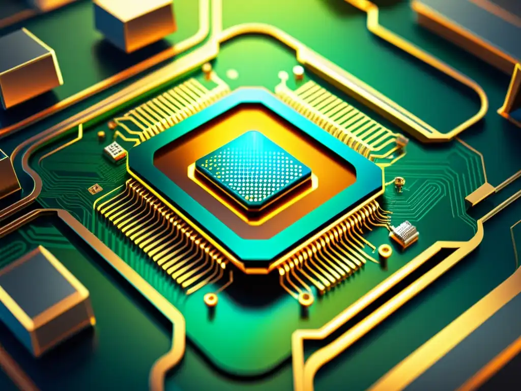 Una ilustración detallada de un diseño intrincado de circuito integrado con colores vibrantes, evocando innovación y sofisticación tecnológica