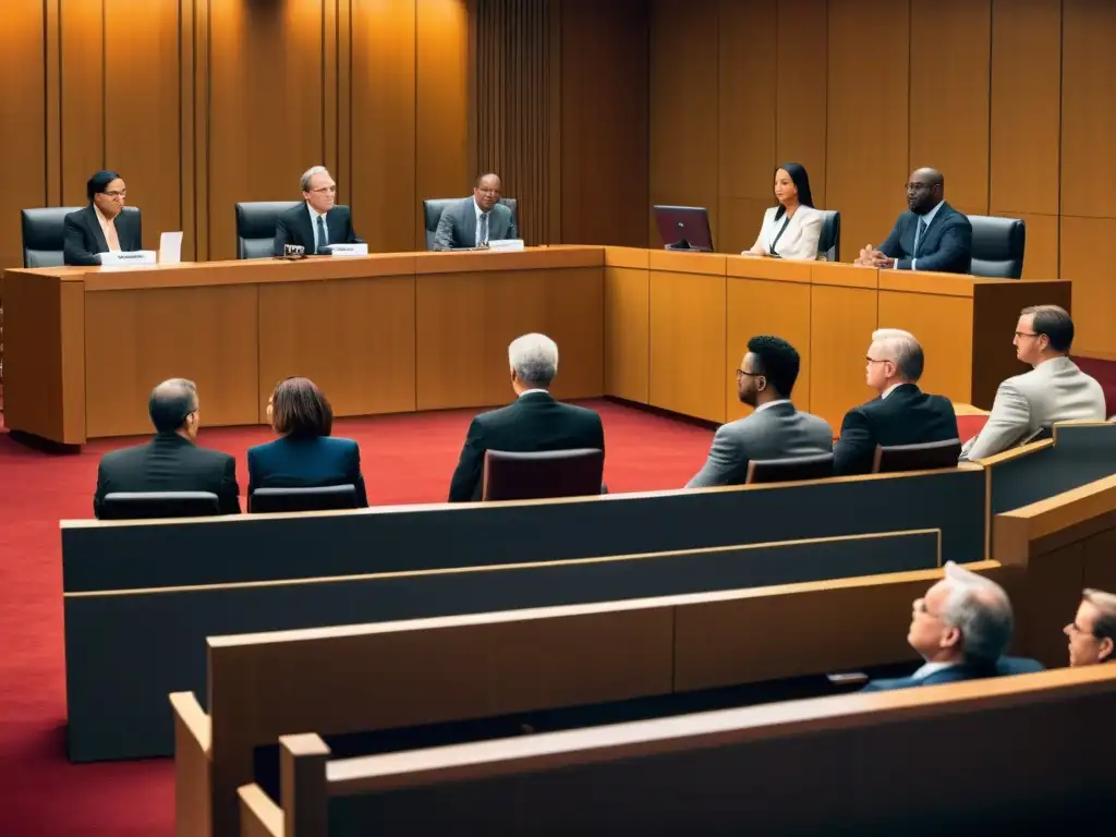 Una ilustración detallada de una escena en la sala de un tribunal moderno, con abogados, jueces y un grupo diverso de personas atentas