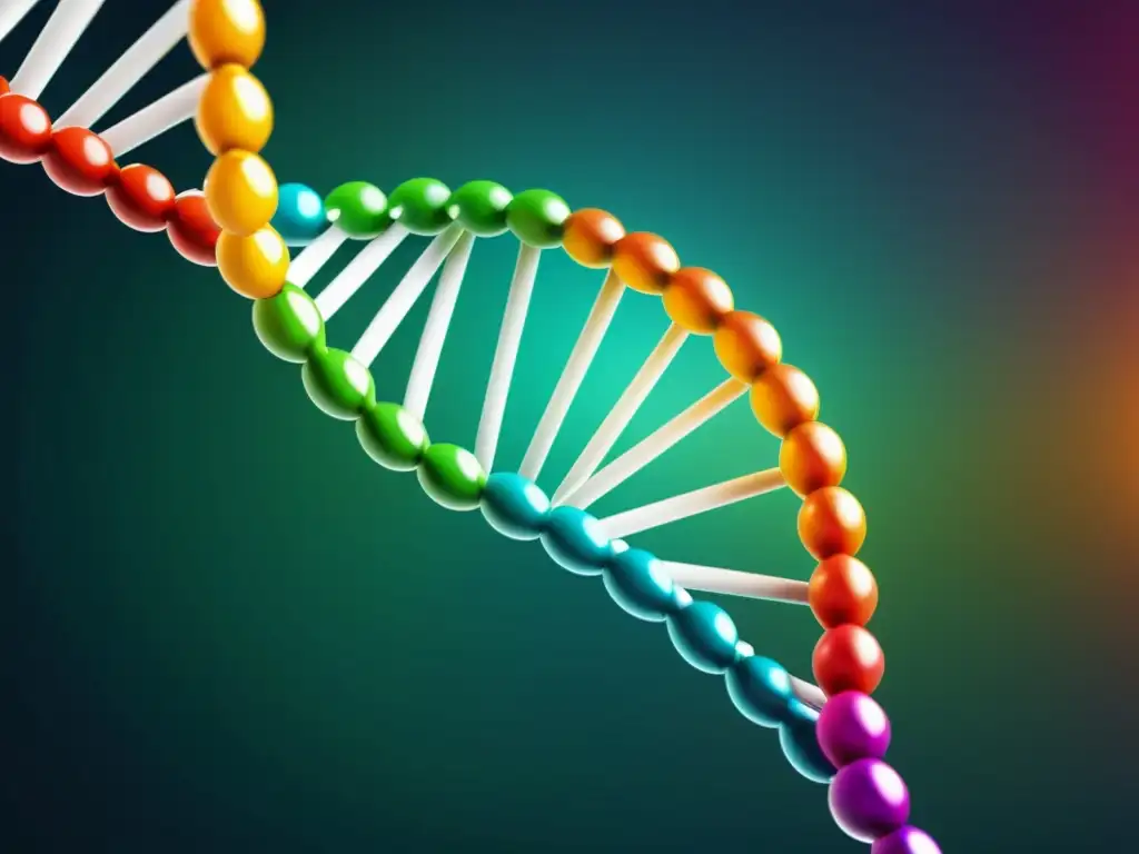 Una ilustración detallada de una estructura de doble hélice de ADN, con colores vibrantes y detalles moleculares intrincados, representando la complejidad de la genómica personalizada y el derecho de patentes en este campo