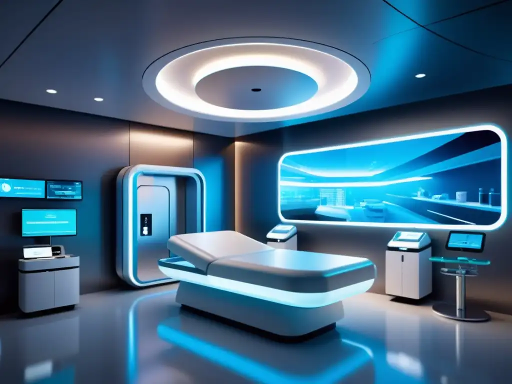 Una ilustración detallada en 8k de una futurista instalación médica, con tecnología de vanguardia y opciones de tratamiento personalizado