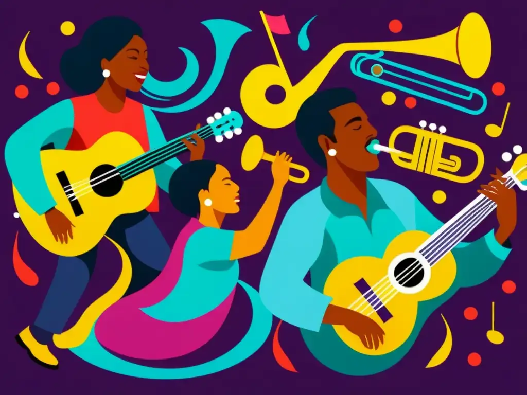 Una ilustración detallada de músicos de diversas culturas y géneros tocando instrumentos en armonía, celebrando la diversidad musical