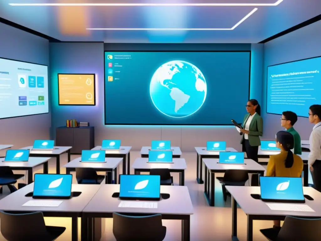 Una ilustración digital detallada de un aula futurista con tecnología avanzada y estudiantes comprometidos en proyectos colaborativos