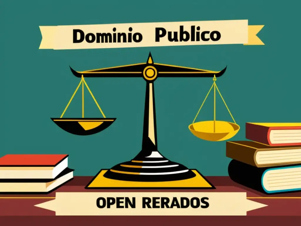 Una ilustración digital detallada de una balanza con libros abiertos y cadenas, representando la cooperación internacional en derechos de autor