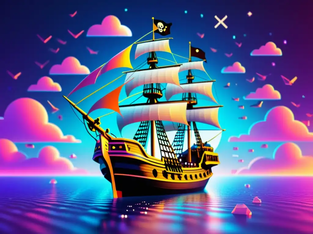 Una ilustración digital detallada de un barco pirata moderno navegando en un mar de código binario, rodeado de dispositivos digitales y nubes cibernéticas, representando la lucha contra la piratería digital y la infracción de derechos de autor