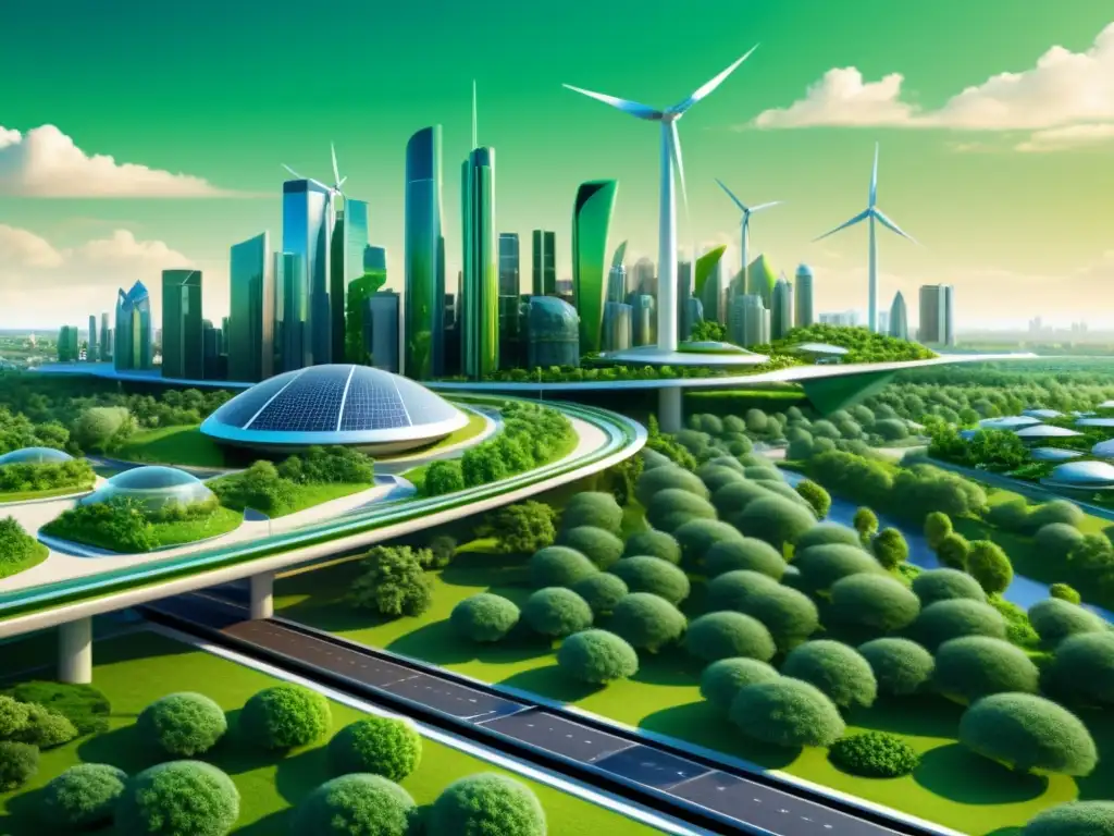 Una ilustración digital detallada de una ciudad futurista con infraestructura verde integrada, rodeada de exuberante vegetación y energía renovable