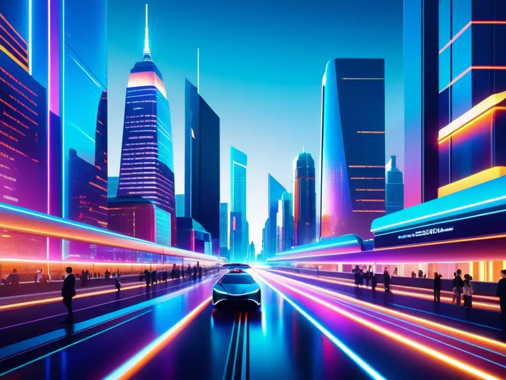 Una ilustración digital detallada de una ciudad futurista con rascacielos relucientes y un avanzado sistema de transporte