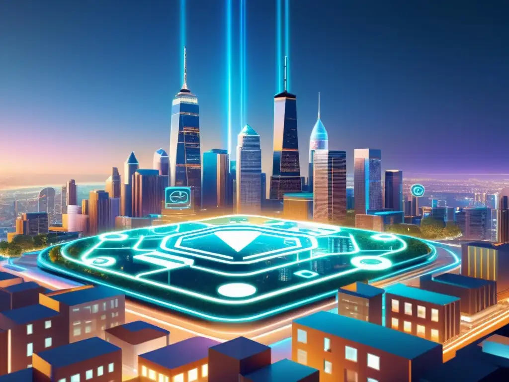 Una ilustración digital detallada de una ciudad futurista con hologramas de símbolos de copyright y documentos legales flotando sobre los edificios