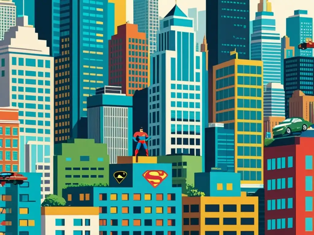 Una ilustración digital detallada de una ciudad bulliciosa, con rascacielos adornados con murales de figuras icónicas de la cultura pop