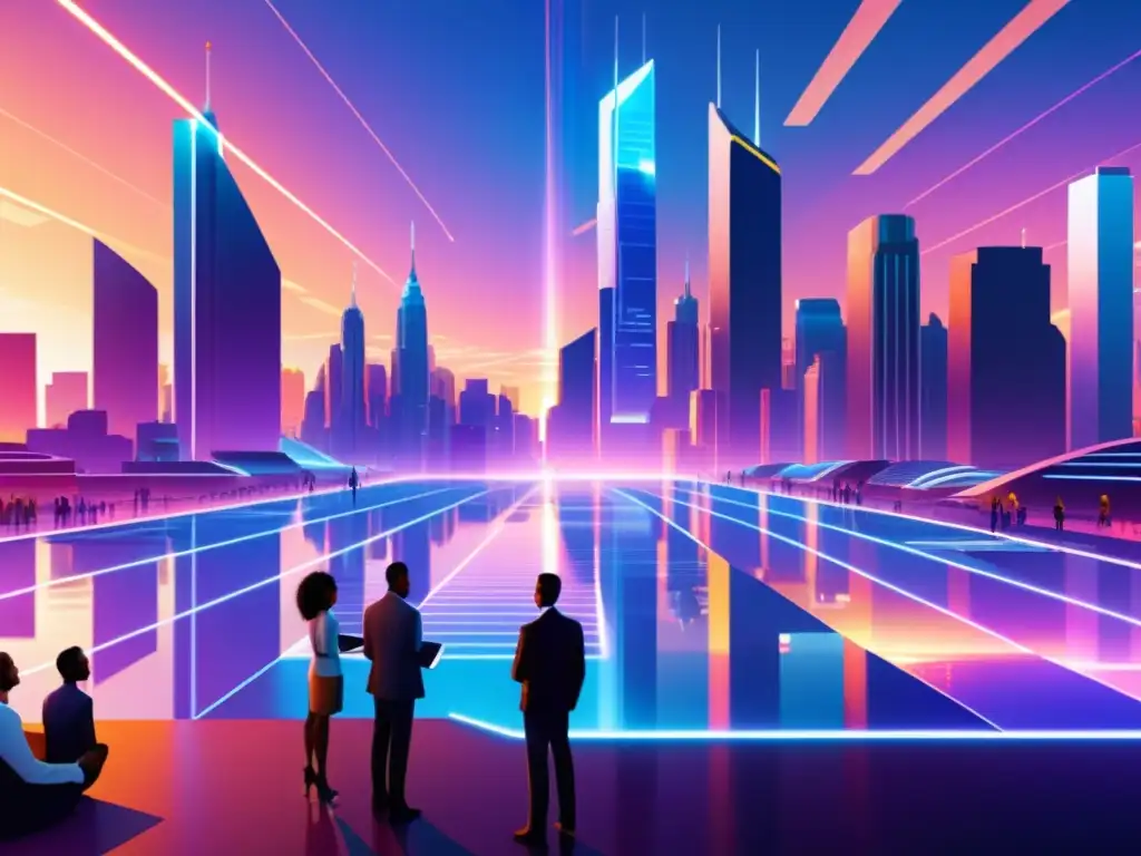 Una ilustración digital detallada de una ciudad futurista con rascacielos interconectados por caminos brillantes