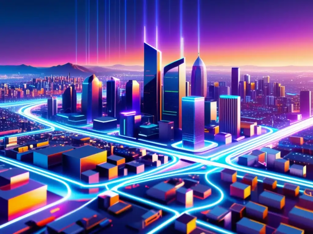 Una ilustración digital detallada de una ciudad futurista, con edificios metálicos y luces de neón