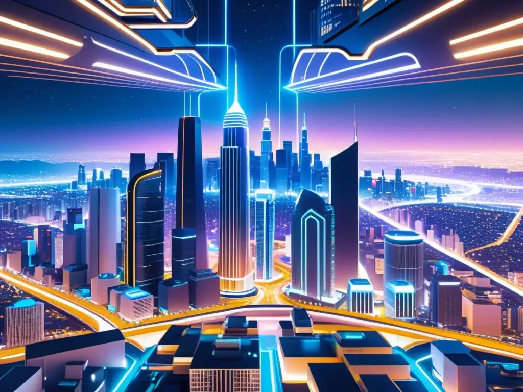 Metrópolis futurista con inteligencia artificial y hologramas Una ilustración digital detallada de una ciudad futurista con rascacielos interconectados, tecnología de IA avanzada y vehículos autónomos