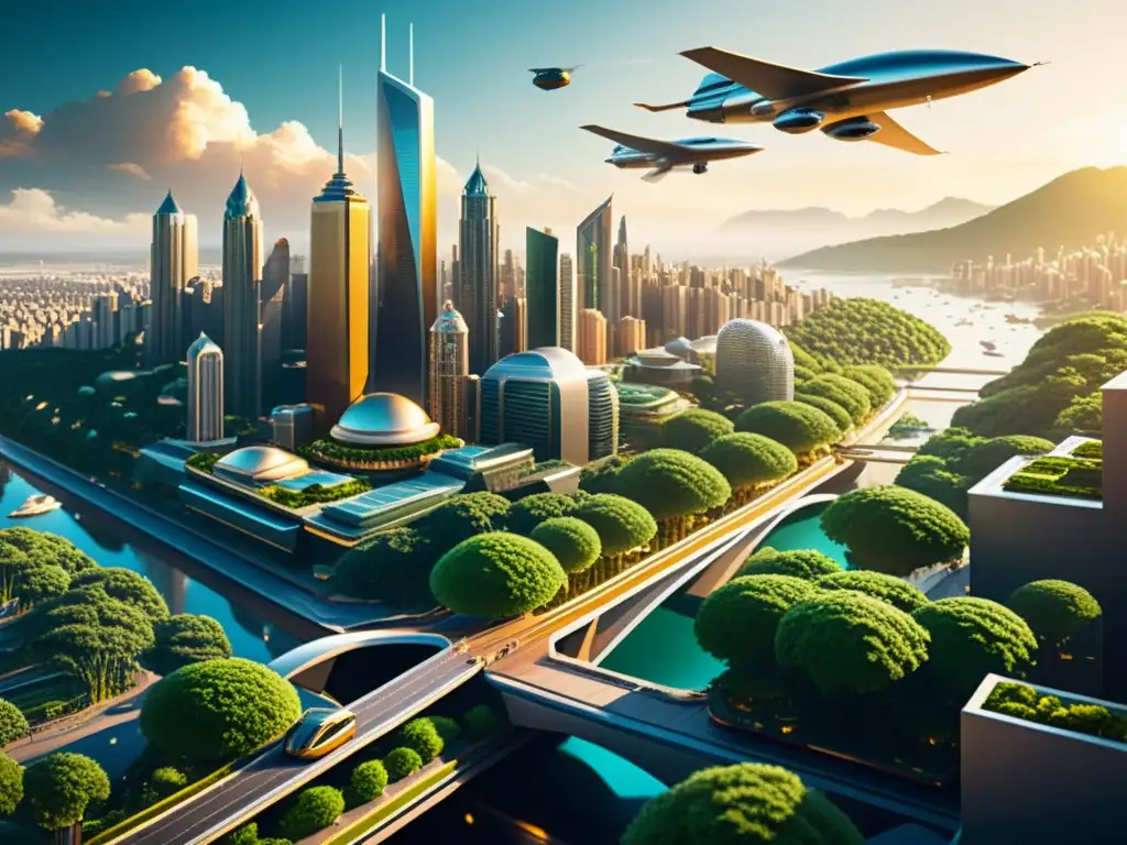 Una ilustración digital detallada de una ciudad futurista con rascacielos imponentes, calles bulliciosas y vehículos voladores