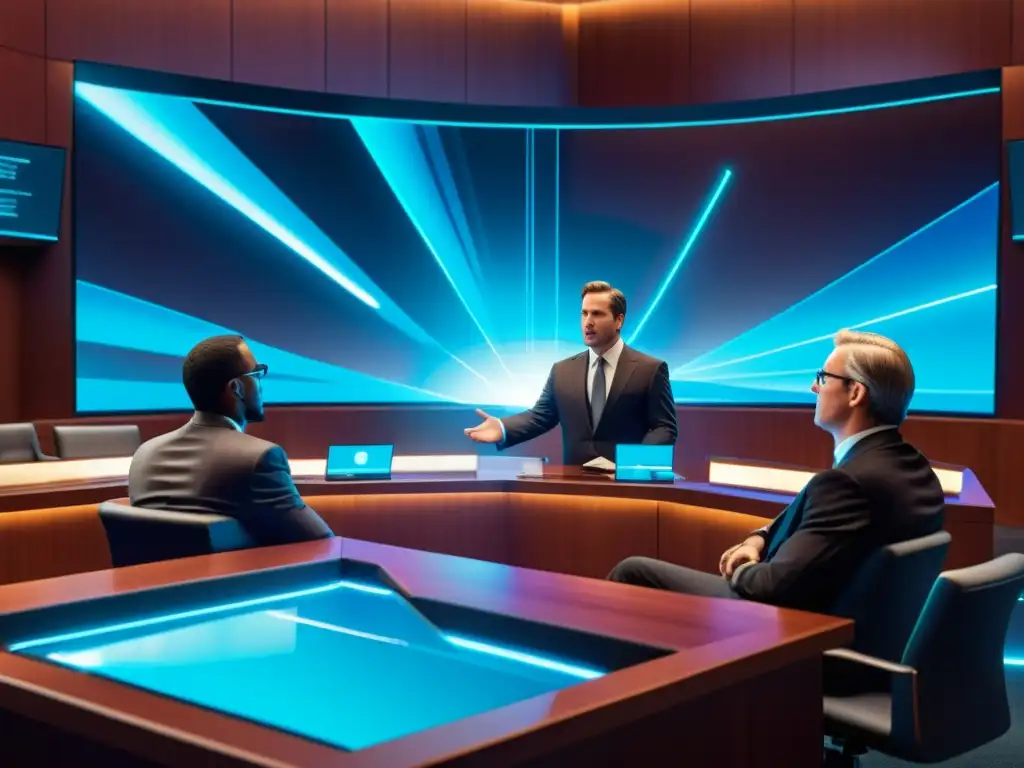 Una ilustración digital detallada de una escena de tribunal futurista, con abogados defendiendo apasionadamente a personajes ficticios