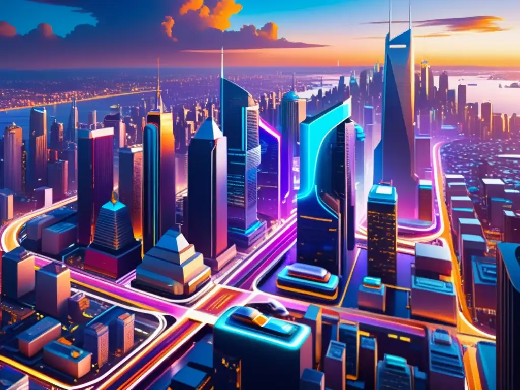 Una ilustración digital detallada de una futurista ciudad con rascacielos y calles bulliciosas, bañada en luces de neón