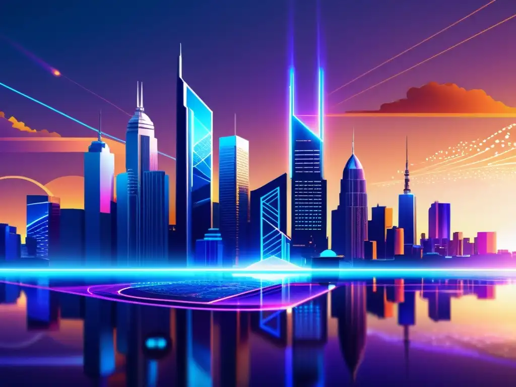 Una ilustración digital detallada de un horizonte de ciudad futurista, con rascacielos interconectados y elementos tecnológicos brillantes, todo enmarcado por un vibrante atardecer de otro mundo