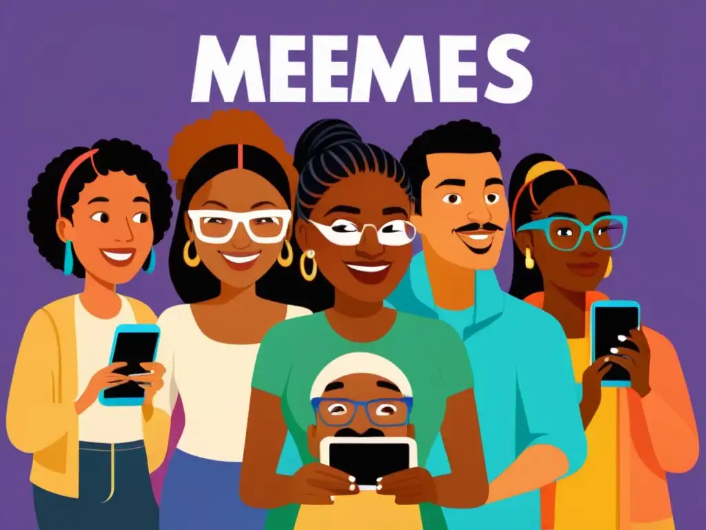 Una ilustración digital detallada y moderna de personas diversas disfrutando de memes en dispositivos, reflejando la reflexión ética y cultural del uso justo de memes en internet