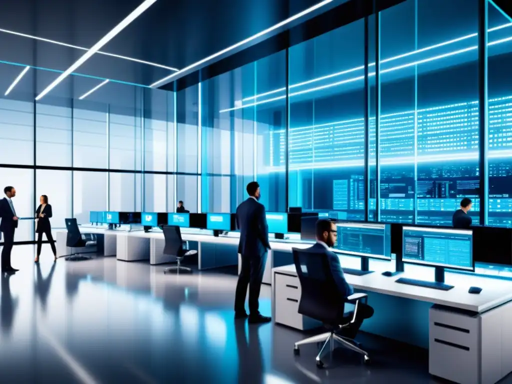 Una ilustración digital detallada de una oficina corporativa futurista con centro de datos de alta tecnología y personal de seguridad trabajando