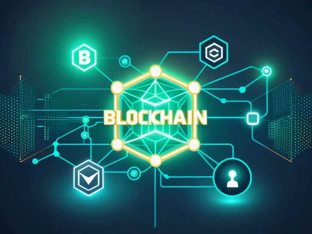 Una ilustración digital detallada de una red blockchain, con bloques interconectados que representan el intercambio de datos seguro y transparente