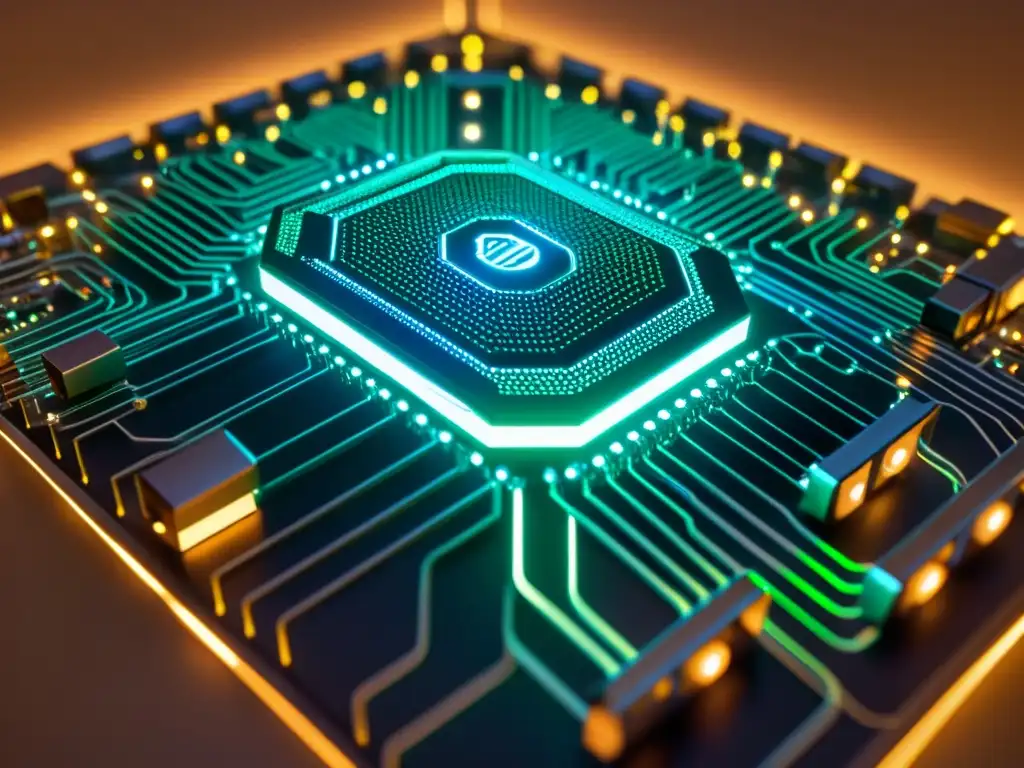 Ciberseguridad: Red de servidores protegiendo la propiedad intelectual Una ilustración digital detallada de servidores interconectados, con luces brillantes y circuitos intrincados, simbolizando el vínculo entre seguridad informática y secretos empresariales