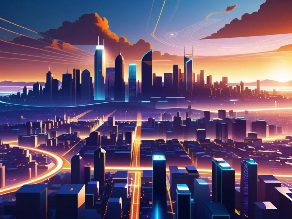 Una ilustración digital de un futurista horizonte urbano con imponentes edificios interconectados por redes de datos brillantes
