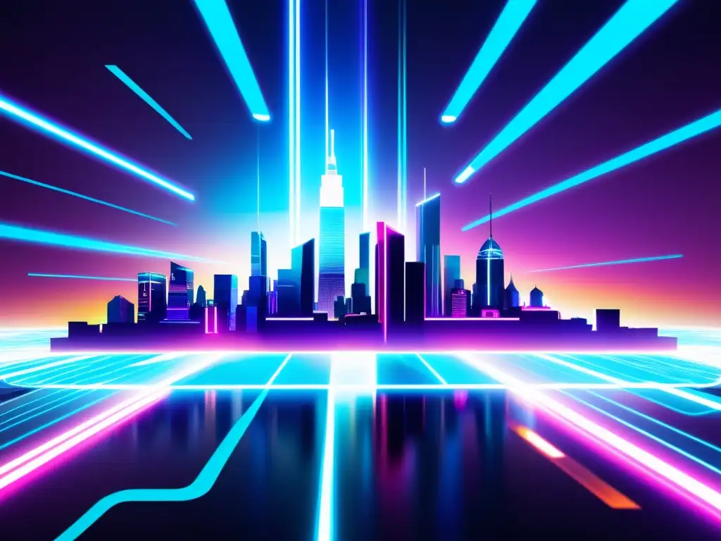Una ilustración digital de un futurista skyline urbano con rascacielos de vidrio y anuncios holográficos