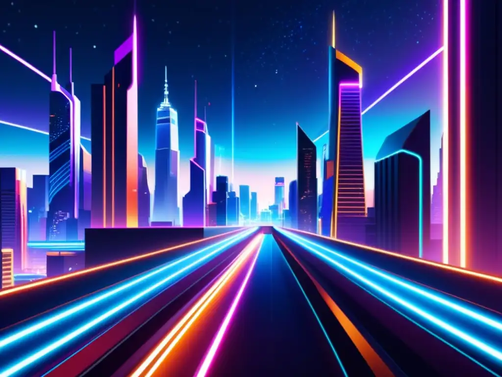 Una ilustración digital impresionante de una ciudad futurista con rascacielos interconectados por pasarelas iluminadas