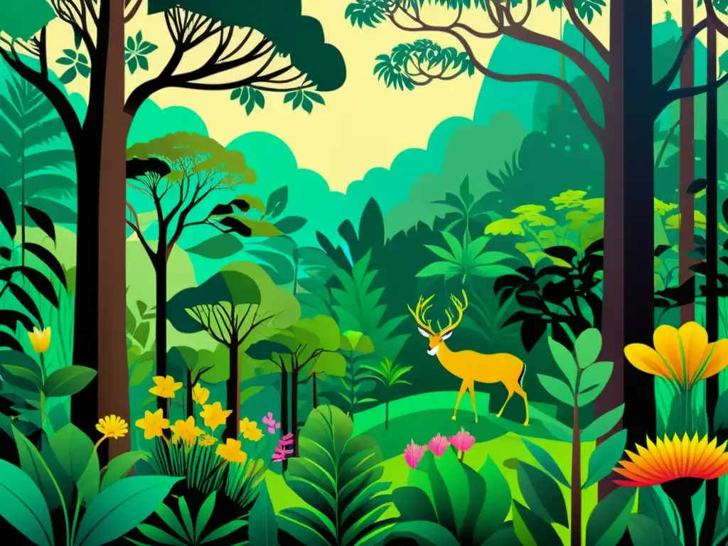 Una ilustración digital moderna detallada de un exuberante bosque tropical con una diversidad de flora y fauna, resaltando la riqueza del ecosistema