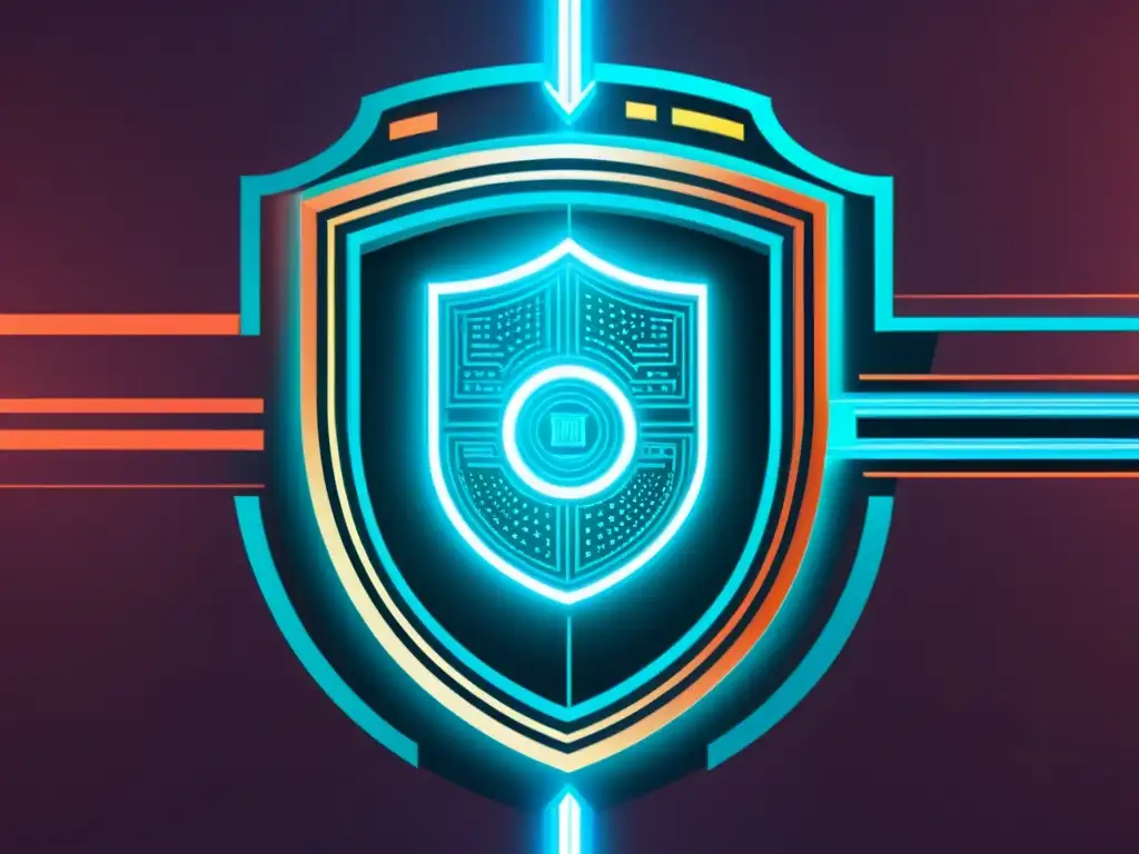 Una ilustración digital de un sistema de seguridad de alta tecnología protegiendo un videojuego, con patrones de código, barreras protectoras y un escudo simbolizando una protección efectiva contra la piratería