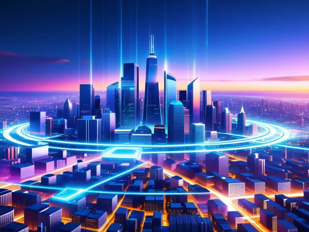Una ilustración digital ultradetallada de una ciudad futurista rodeada por un campo de fuerza, simbolizando la ciberseguridad en comercio electrónico