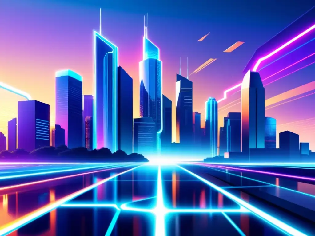 Una ilustración digital ultradetallada de un paisaje urbano futurista con rascacielos interconectados por pasarelas brillantes