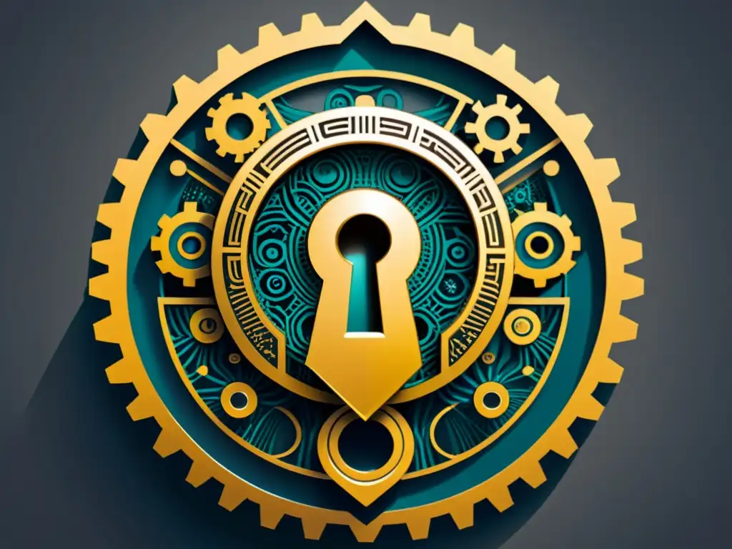 Una ilustración moderna de una cerradura con engranajes y circuitos intrincados, simbolizando la protección criptográfica de la propiedad intelectual