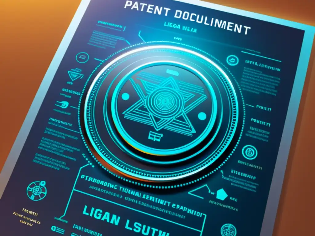 Una ilustración moderna detallada de un documento de patente rodeado de símbolos legales y tecnológicos, mostrando la complejidad de la protección legal para inventos y la innovación que protege