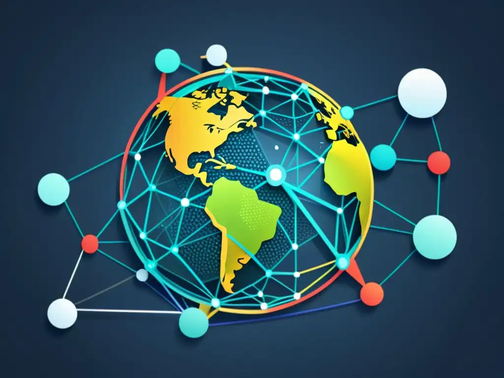 Una ilustración moderna detallada de una red global de nodos interconectados, simbolizando el impacto de los tratados internacionales de propiedad intelectual en la gestión corporativa