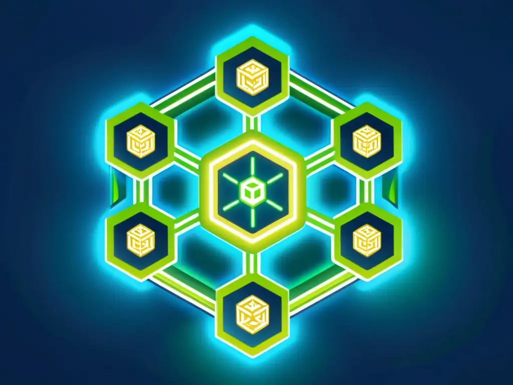 Una ilustración moderna de una red blockchain interconectando diversos símbolos de marcas, con detalles intrincados de nodos digitales y flujos de datos representando el uso innovador de la tecnología blockchain en la protección de la propiedad intelectual